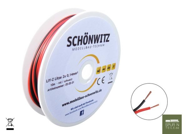 Modellbau Schönwitz - 50148 - 10m LIYZ Zwillingslitze 2x 0,14mm² rot / schwarz