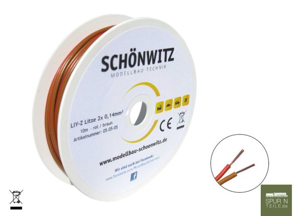 Modellbau Schönwitz - 50987 - 10m LIYZ Zwillingslitze 2x 0,14mm² rot / braun
