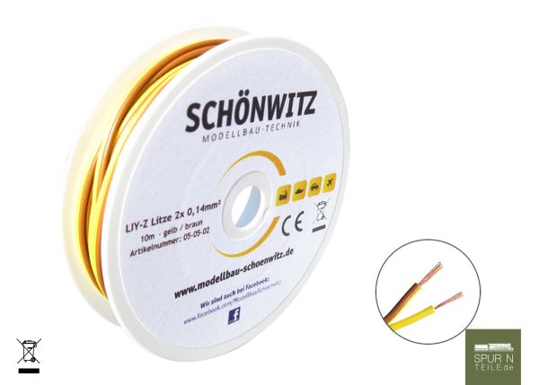 Modellbau Schönwitz - 50217 - 10m LIYZ Zwillingslitze 2x 0,14mm² gelb / braun